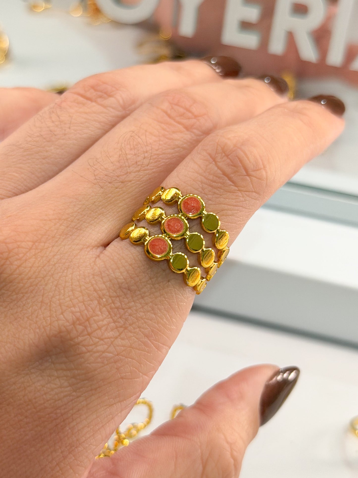 anillo triple circular naranja dorado
