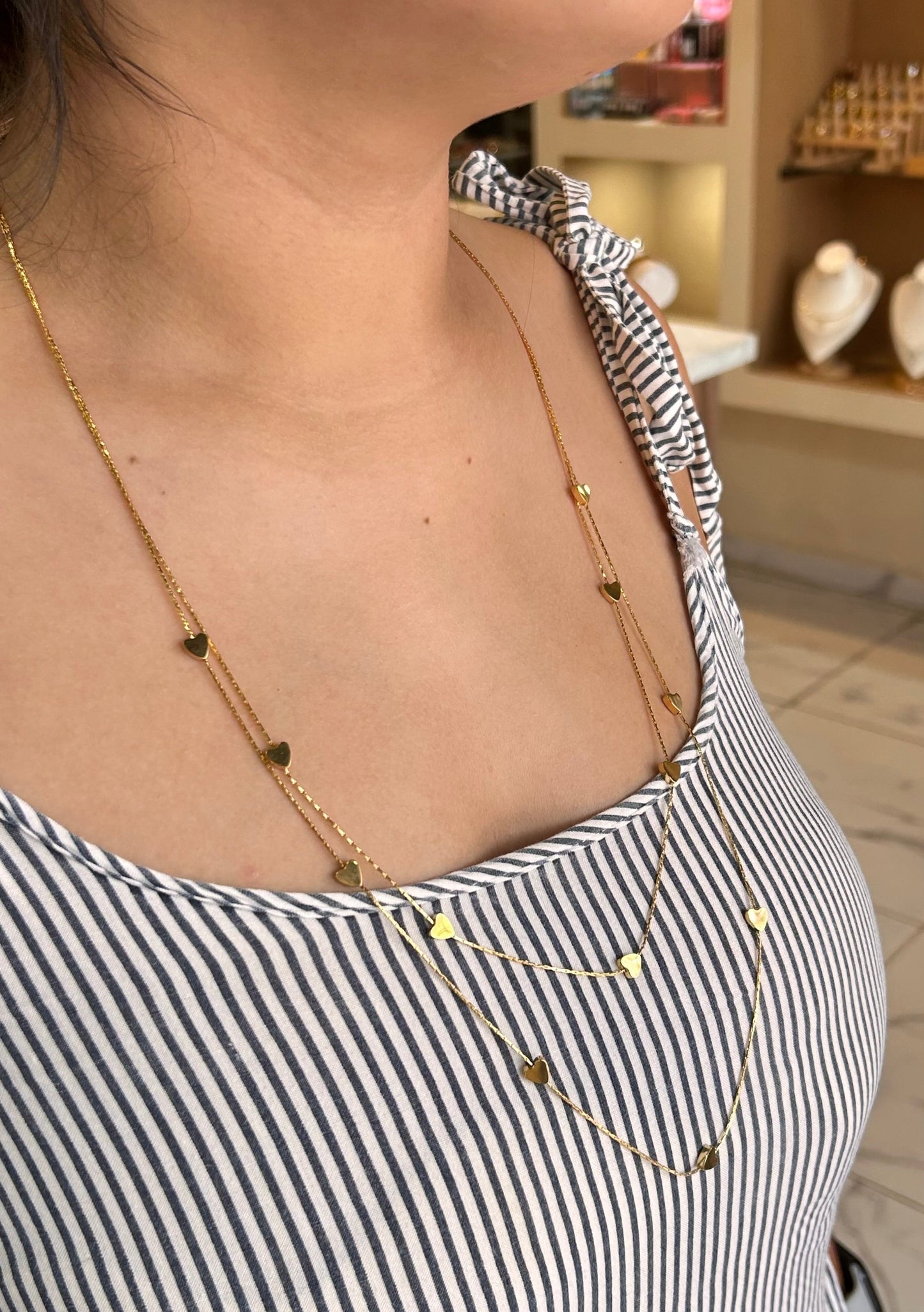 Collar & Aretes doble corazon mini dorado