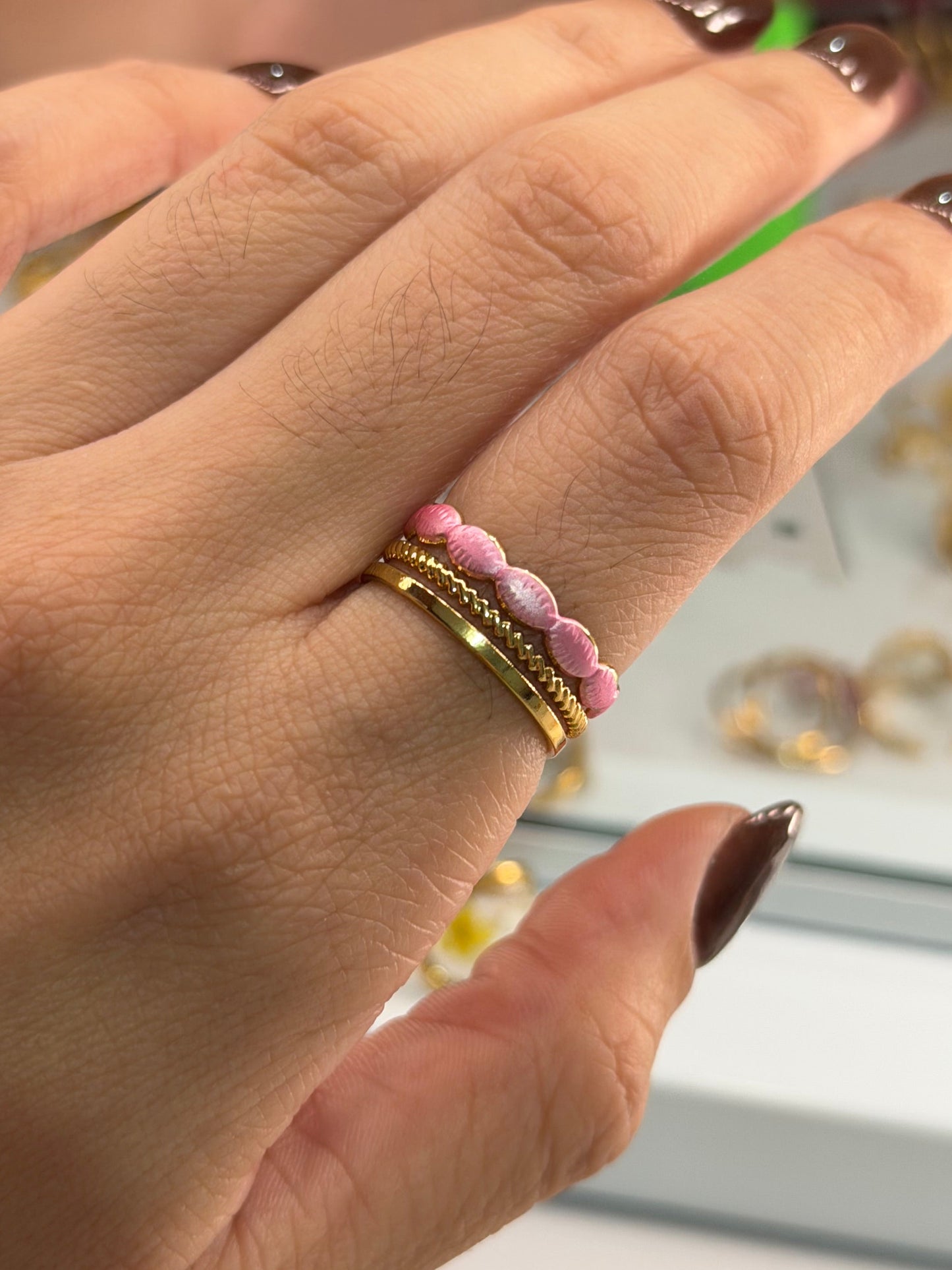 anillo triple mini circulos rosado