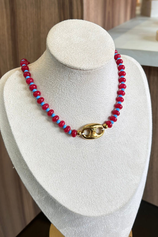Collar corcho piedras rojo azul