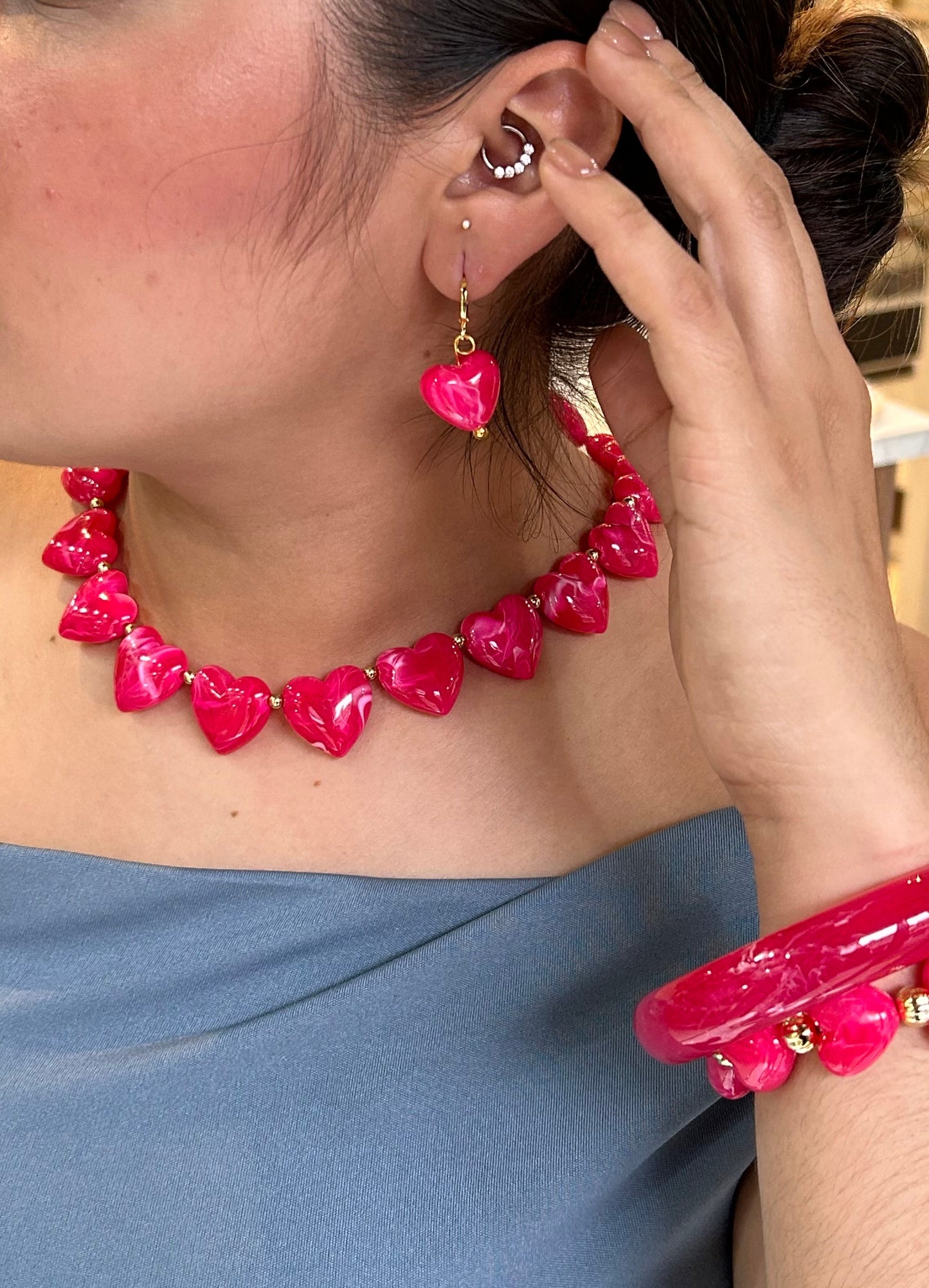 Collar, Aretes & Pulsera pink Heart
