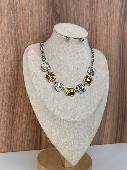 Collar & Aretes bicolor cuadrado blim