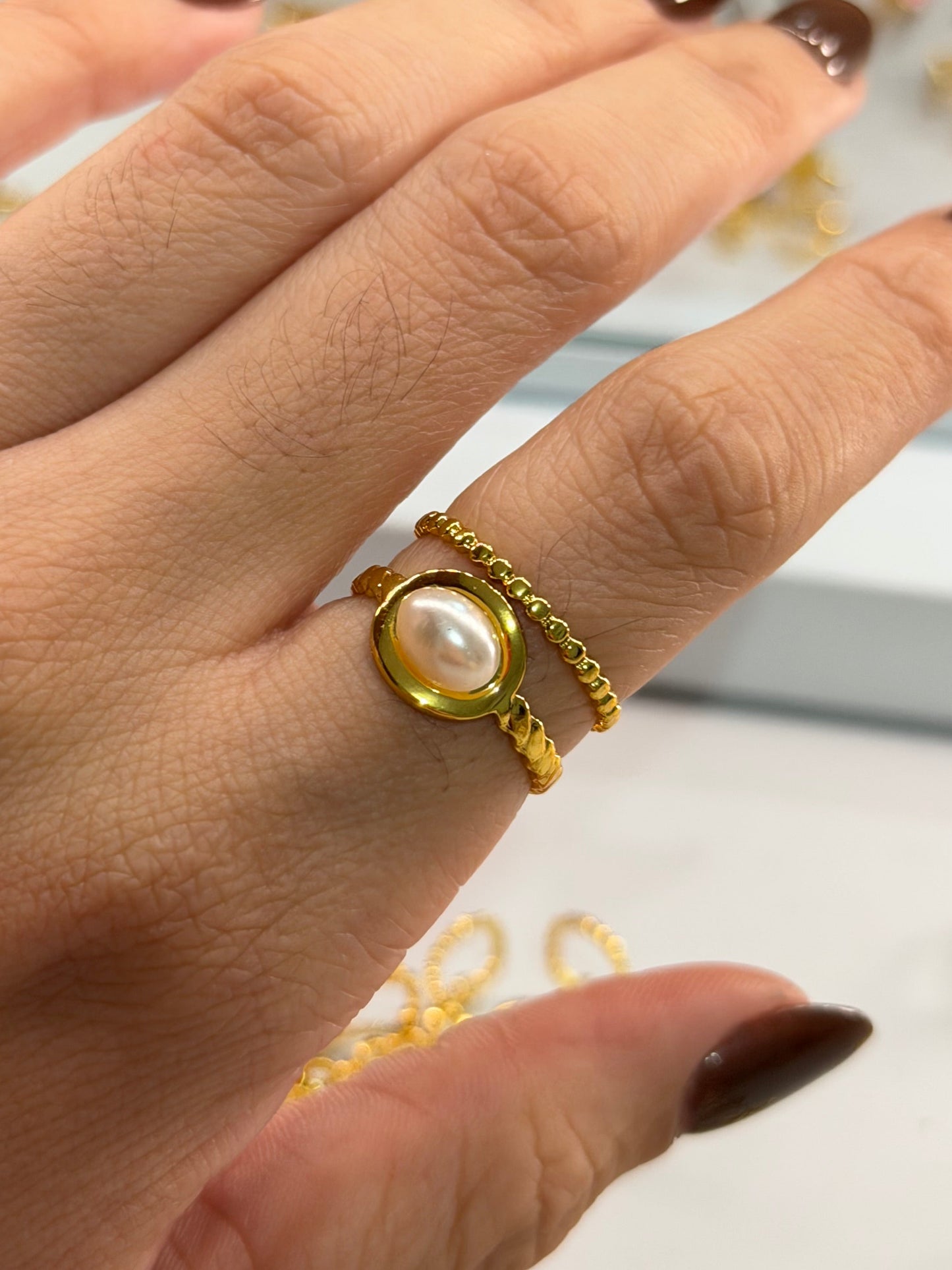 anillo doble basico perla