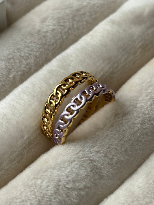 Anillo doble cadena dorado morado