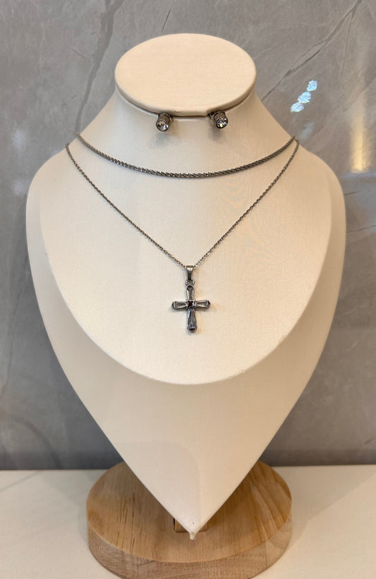 Collar & Aretes doble cruz plata