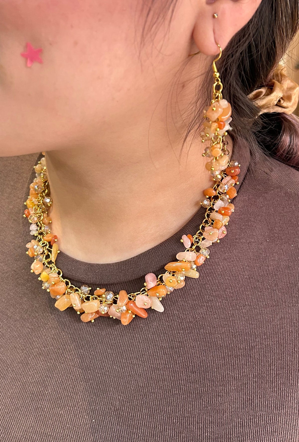 Collar & Aretes piedra hermosas naranja