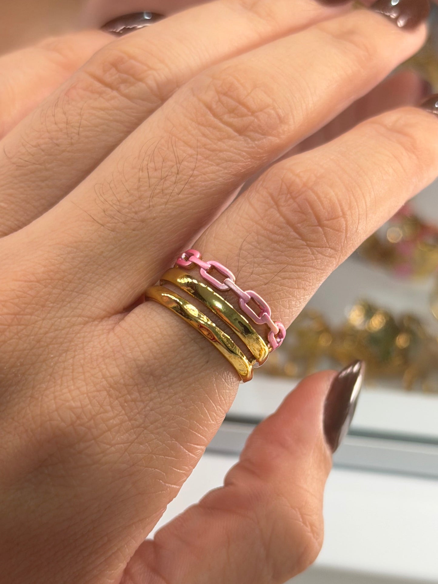 Anillo triple basico cadena rosado