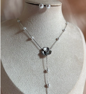 Collar & Aretes flor con perla plata