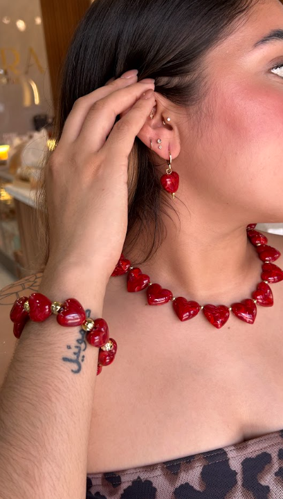 Collar, Aretes & Pulsera Red Heart