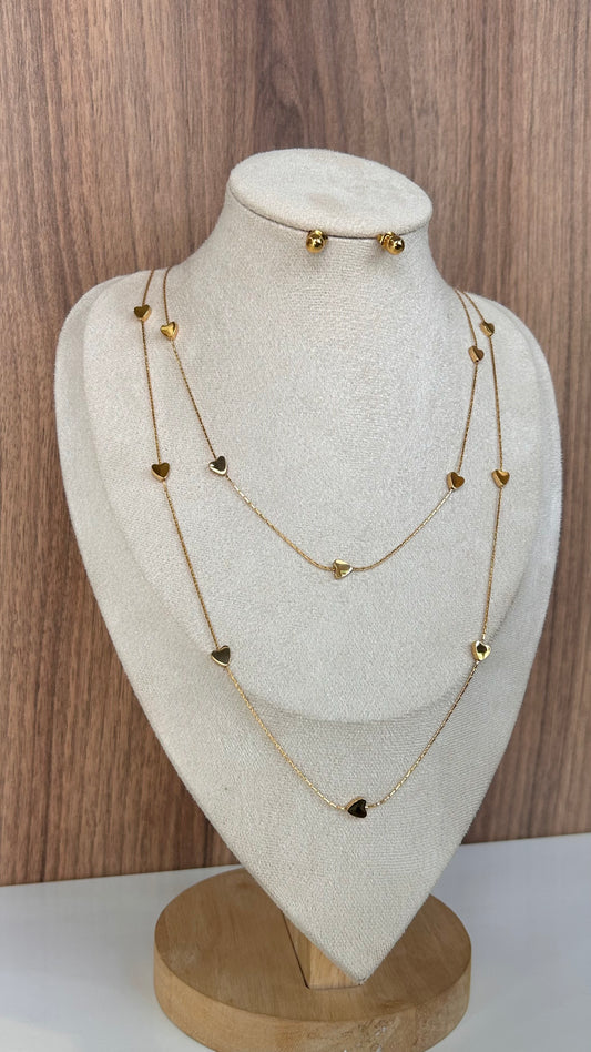 Collar & Aretes doble corazon mini dorado