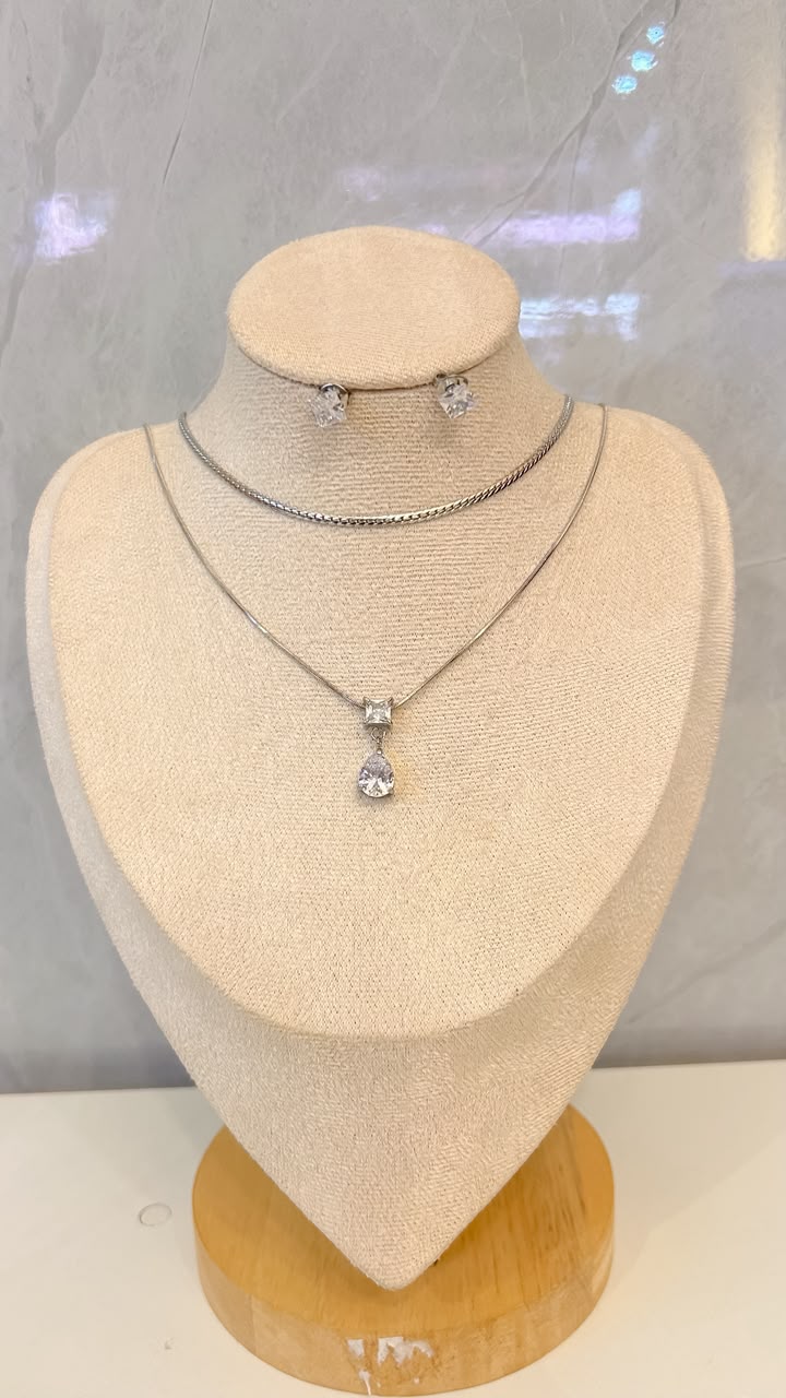 Collar & Aretes Drop Diamond Plata