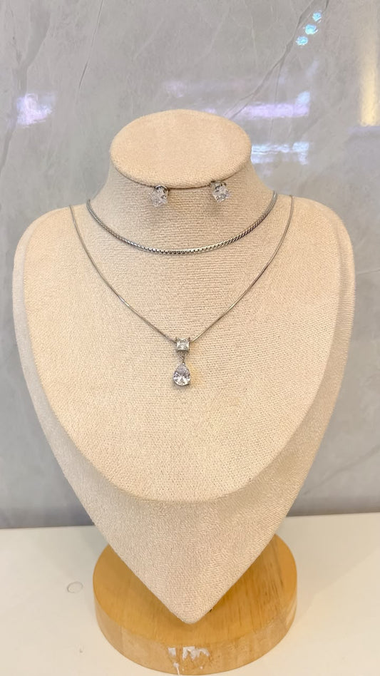 Collar & Aretes Drop Diamond Plata